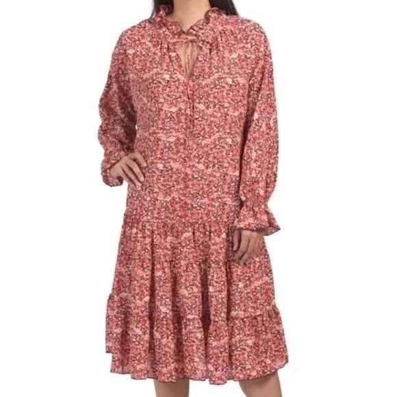 NWT One Pretty Time Anthropologie Pink Red Floral Midi Dress Ruffled Boho Size S - Picture 1 of 11